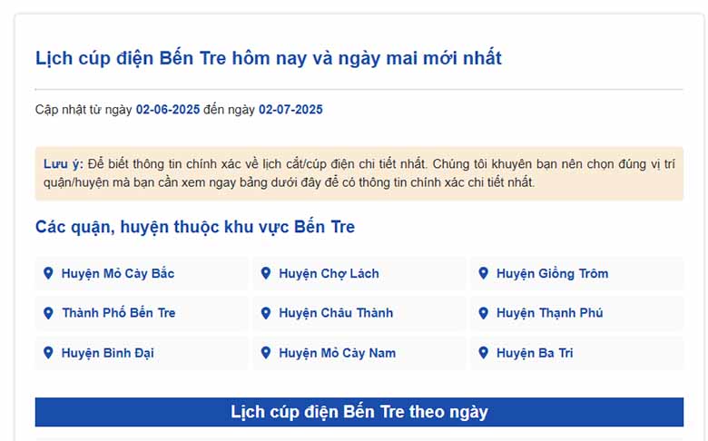 Cách tra cứu lịch cúp điện Bến Tre nhanh chóng chính xác